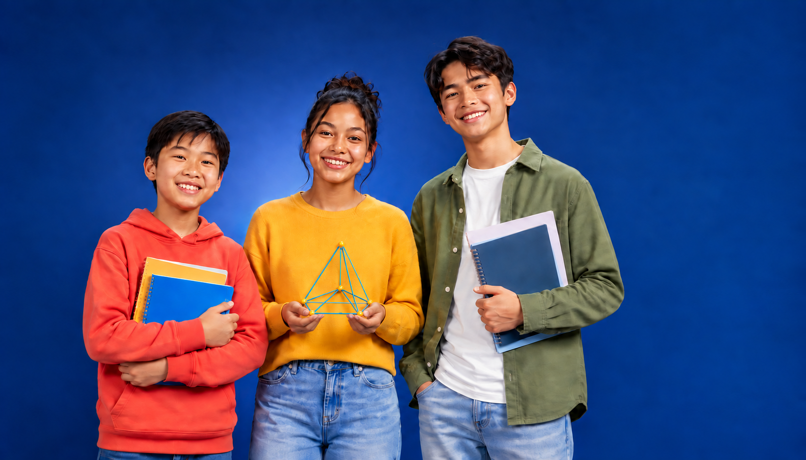 Smiling students holding notebooks and a maths model