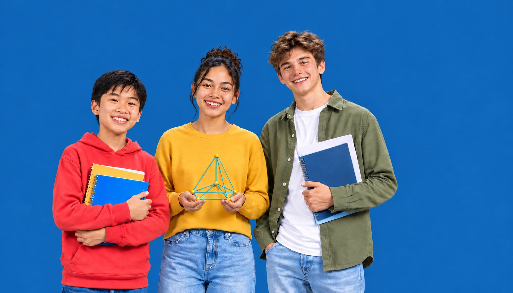 Three smiling students holding notebooks and a geometric maths model