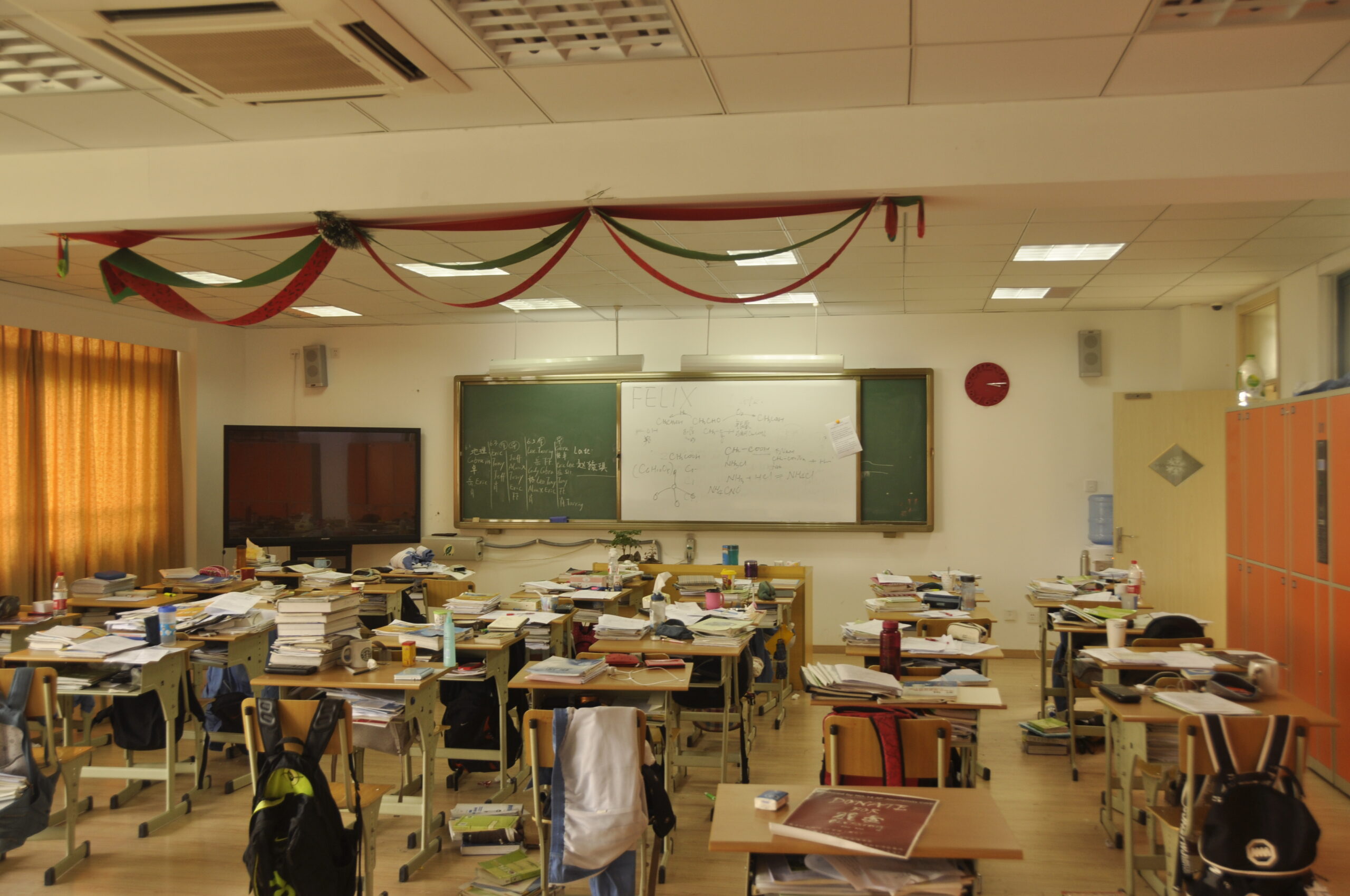 An empty classroom at Hangzhou No. 14 Middle School in China.