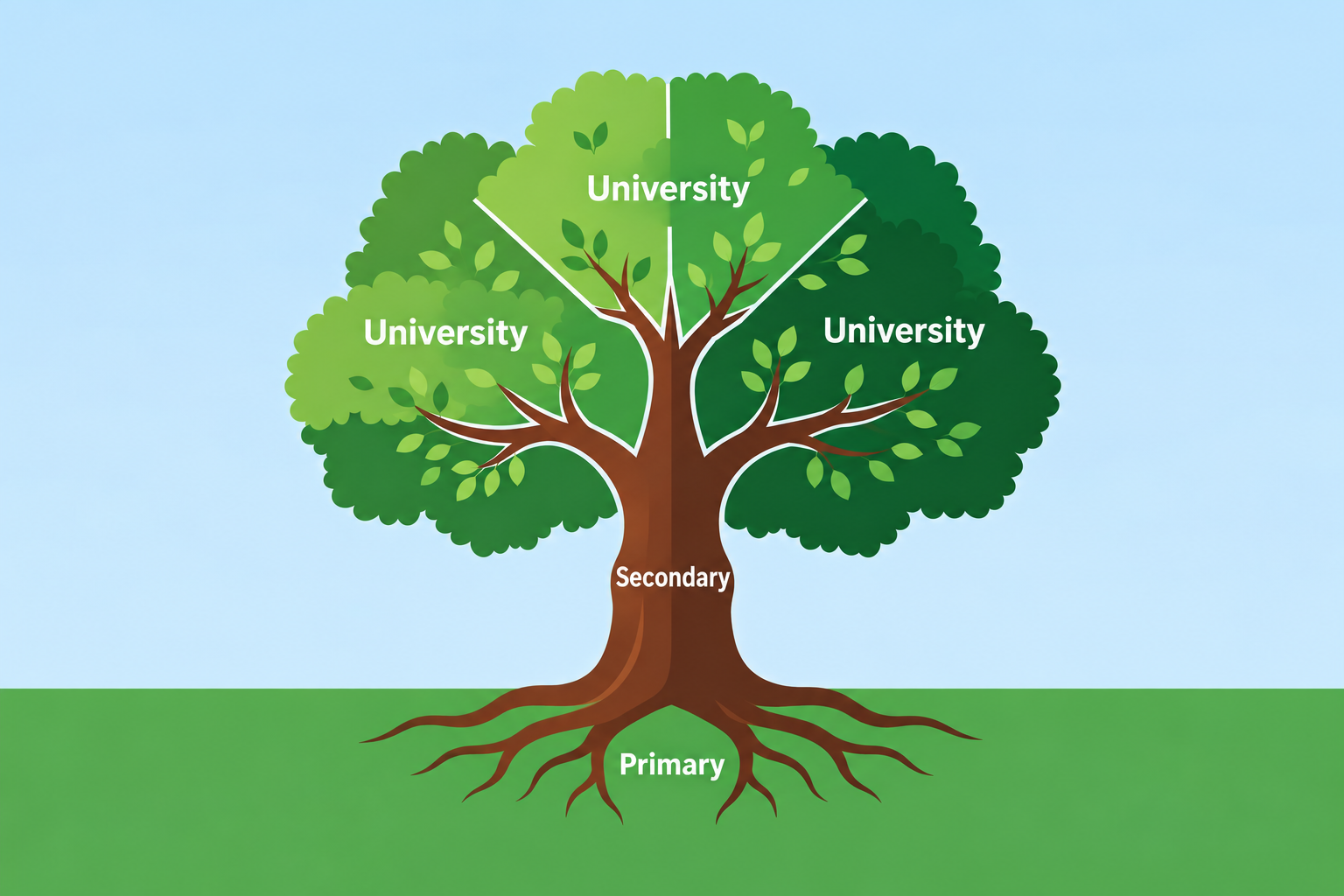 A learning tree showing primary school foundations as roots, secondary school as the trunk and university pathways as branches.