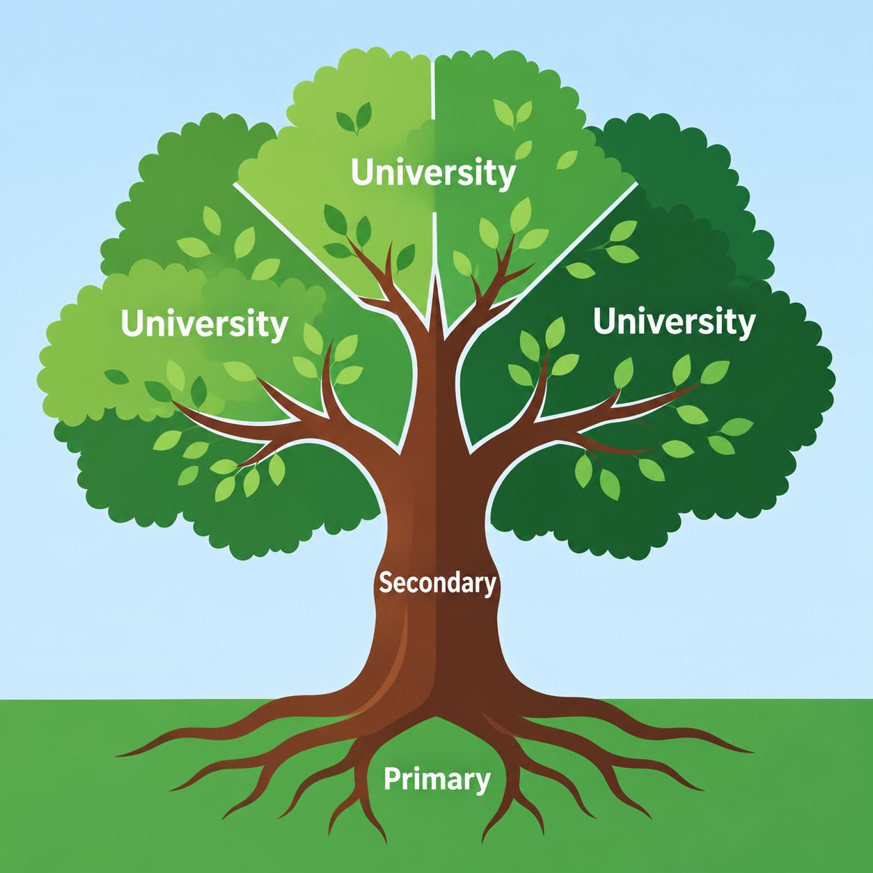 A learning tree with primary school as the roots, secondary school as the trunk and university pathways as the branches.